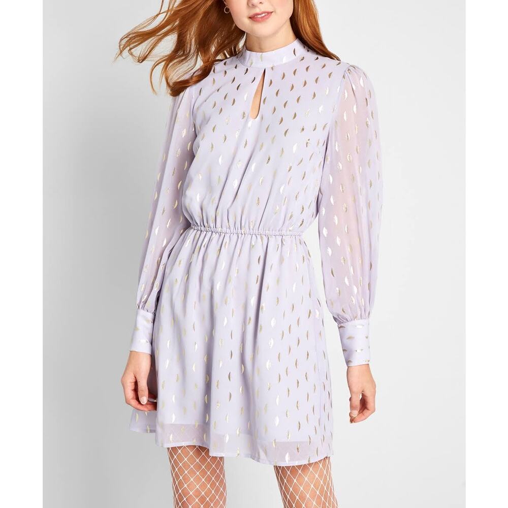 Modcloth Chiffon Of You Dress Lavender Gold Mock Neck Keyhole Long Sleeve Sz S
